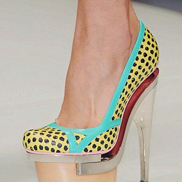 Versace 2010 Pois Print Pump - Yellow Teal Platform Metal Heels 39 - RARE - Picture 3 of 14